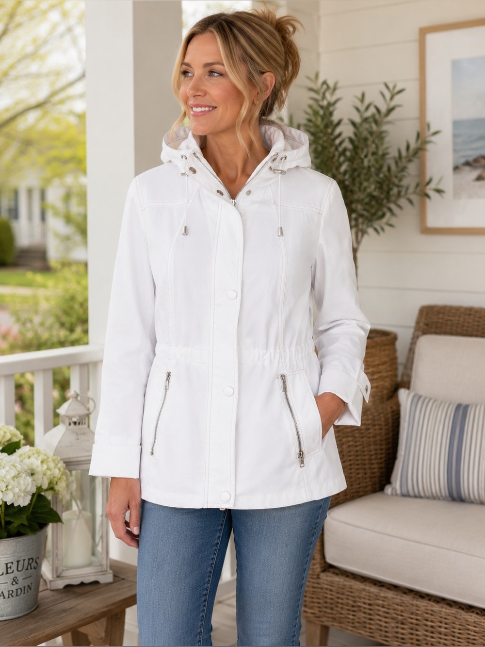 Guess White Hooded Utility Jacket Cinch Waist Zip Pockets Small